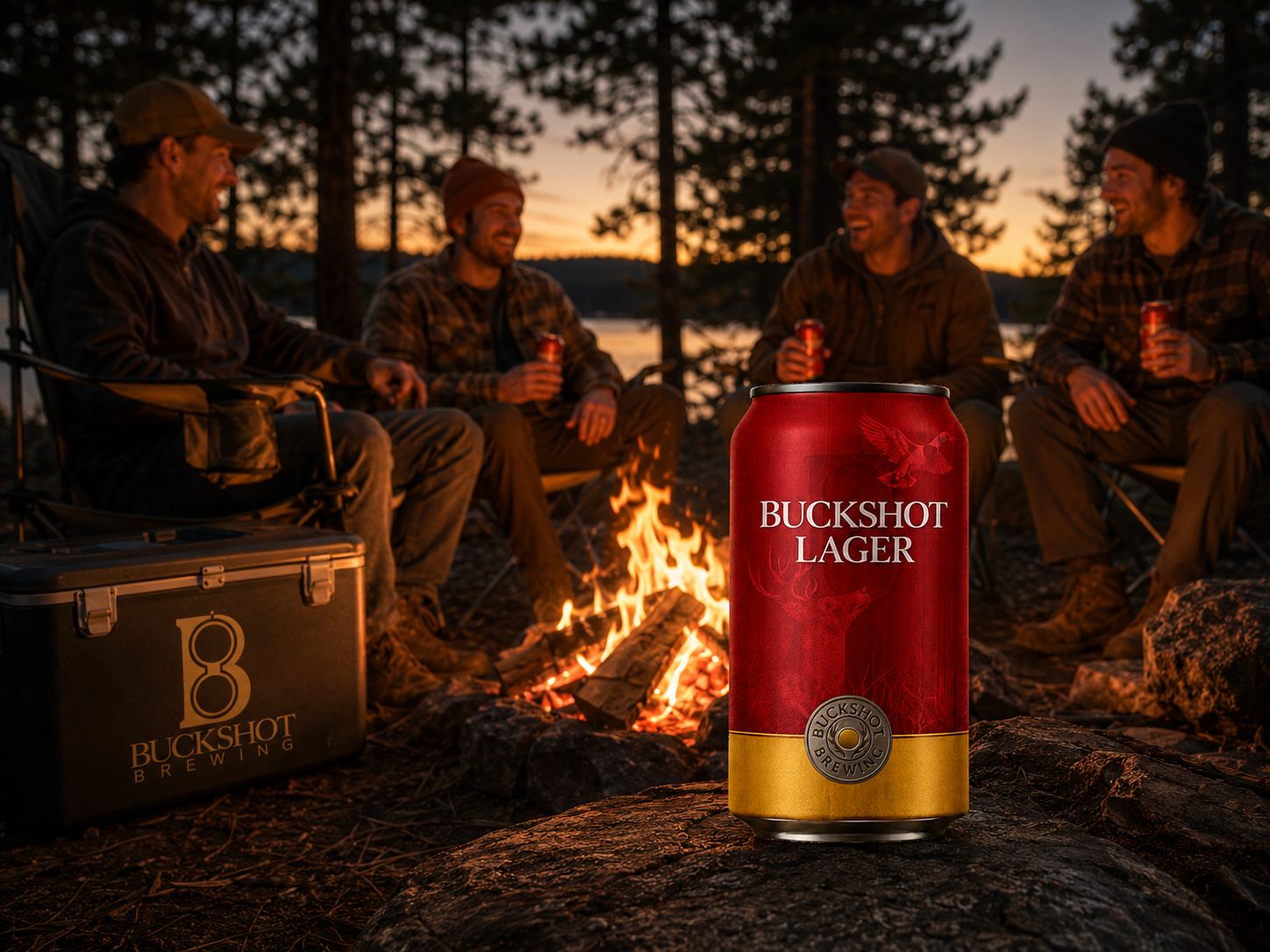 Buckshot Lager concept scene with adult friends around a campfire